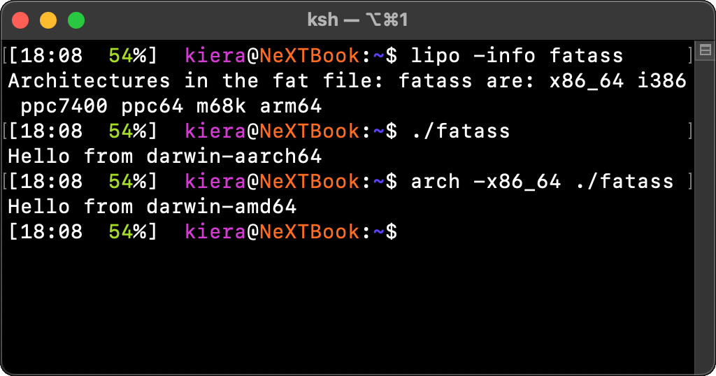 Terminal output. The 'lipo -info' command lists the architectures as m68k, i386, x86_64, ppc, ppc64, and arm64 unknown. Running the binary outputs 'Hello from darwin-aarch64!', but running it via 'arch -x86_64' gives 'hello from darwin-amd64!'
